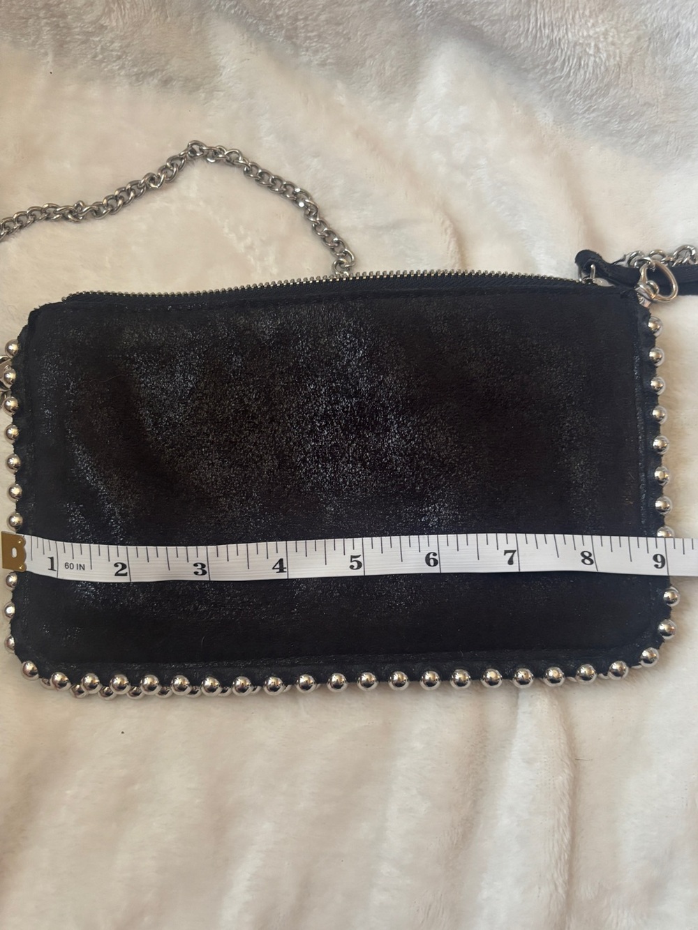 Zara Black Studded Crossbody Bag Silver Ball Chain Suede Look Clutch - Picture 8 of 8